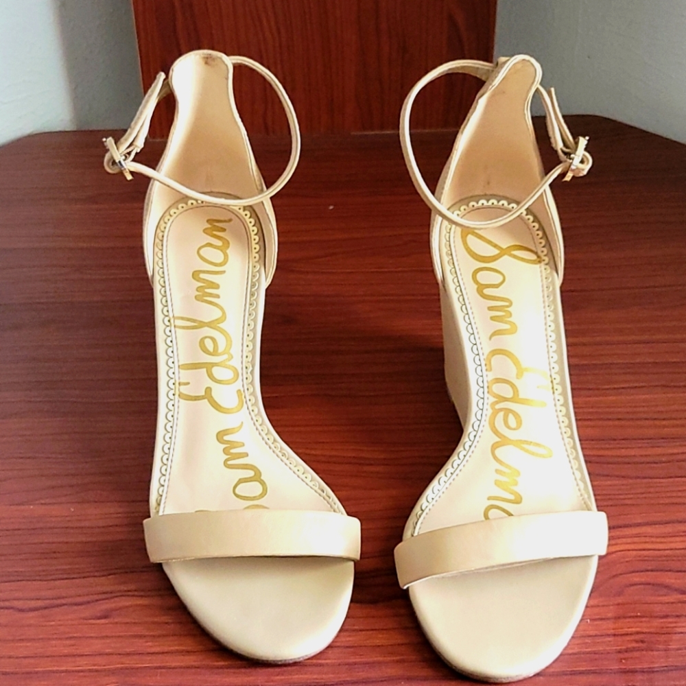 Sam Edelman Beige Ankle-Strap Wedge Sandals